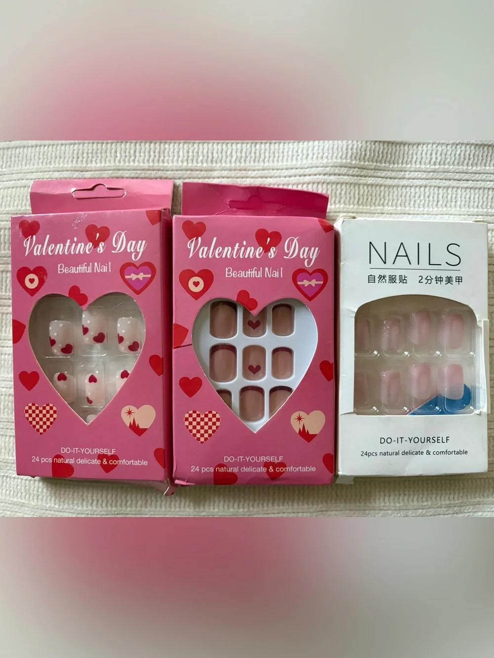 3 New Packs Valentine's Day Heart Accent Press-On Nails - Pink & Nude - Picture 1 of 4